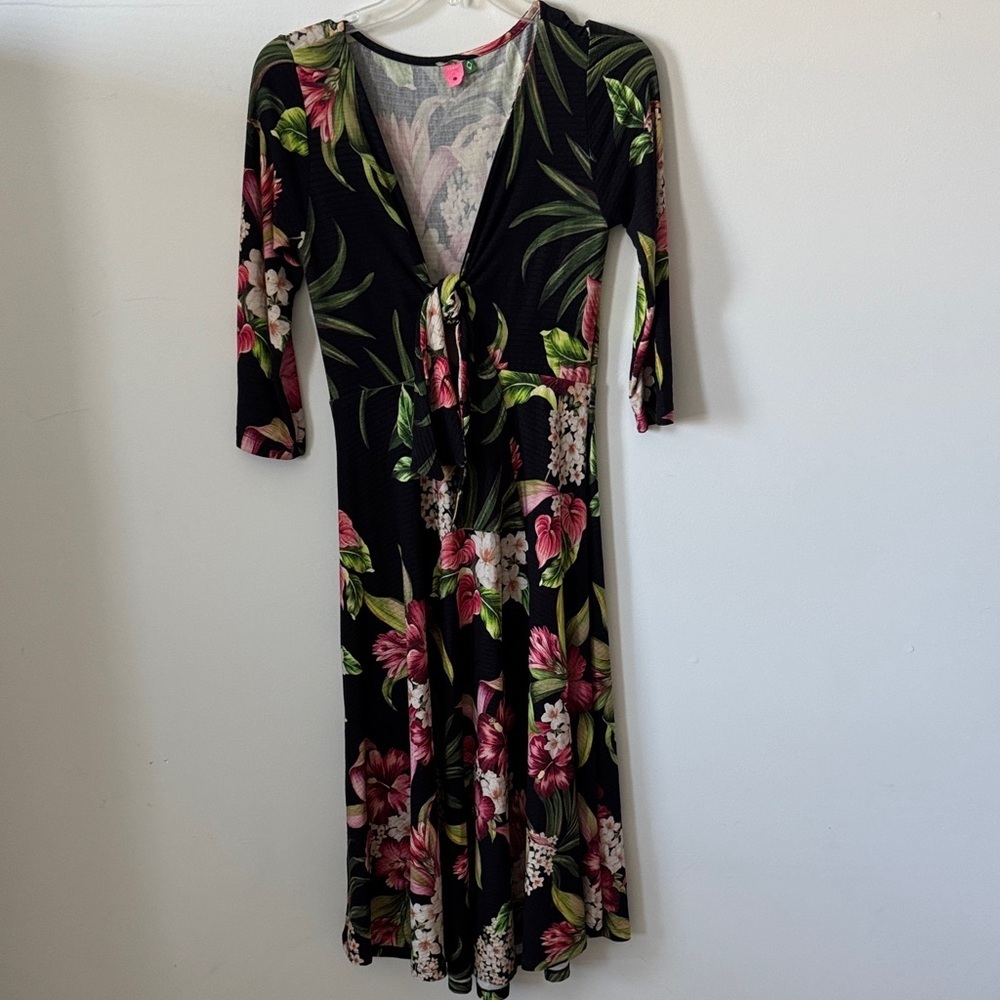 Farm Rio Tie Front Cutout Floral Tropical Print Midi Dress Size M